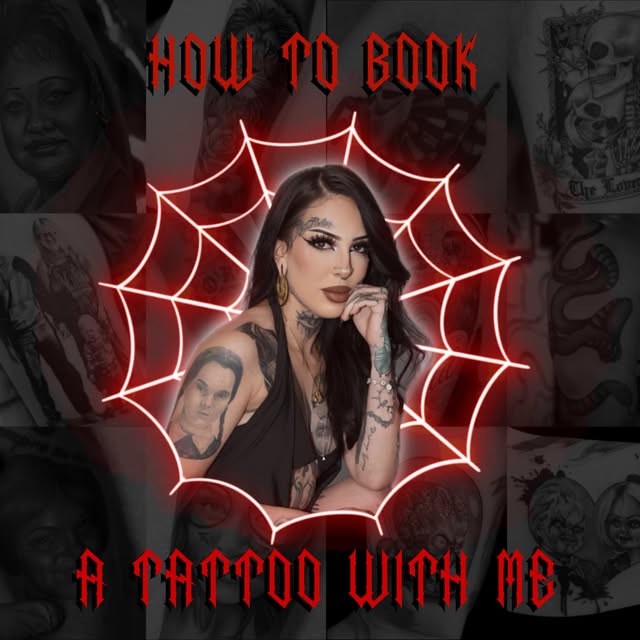 Booking graphic featuring Miss Morbid surrounded by tattoo work